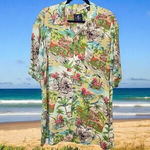 Caribbean Joe Hawaiian Shirt Large Rayon Palm Trees Huts Luau Tropical
